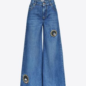 AREA NYC CRYSTAL EYE JEANS WIDE LEG Pants Trim Blue Wash Taylor Swift NWT 28